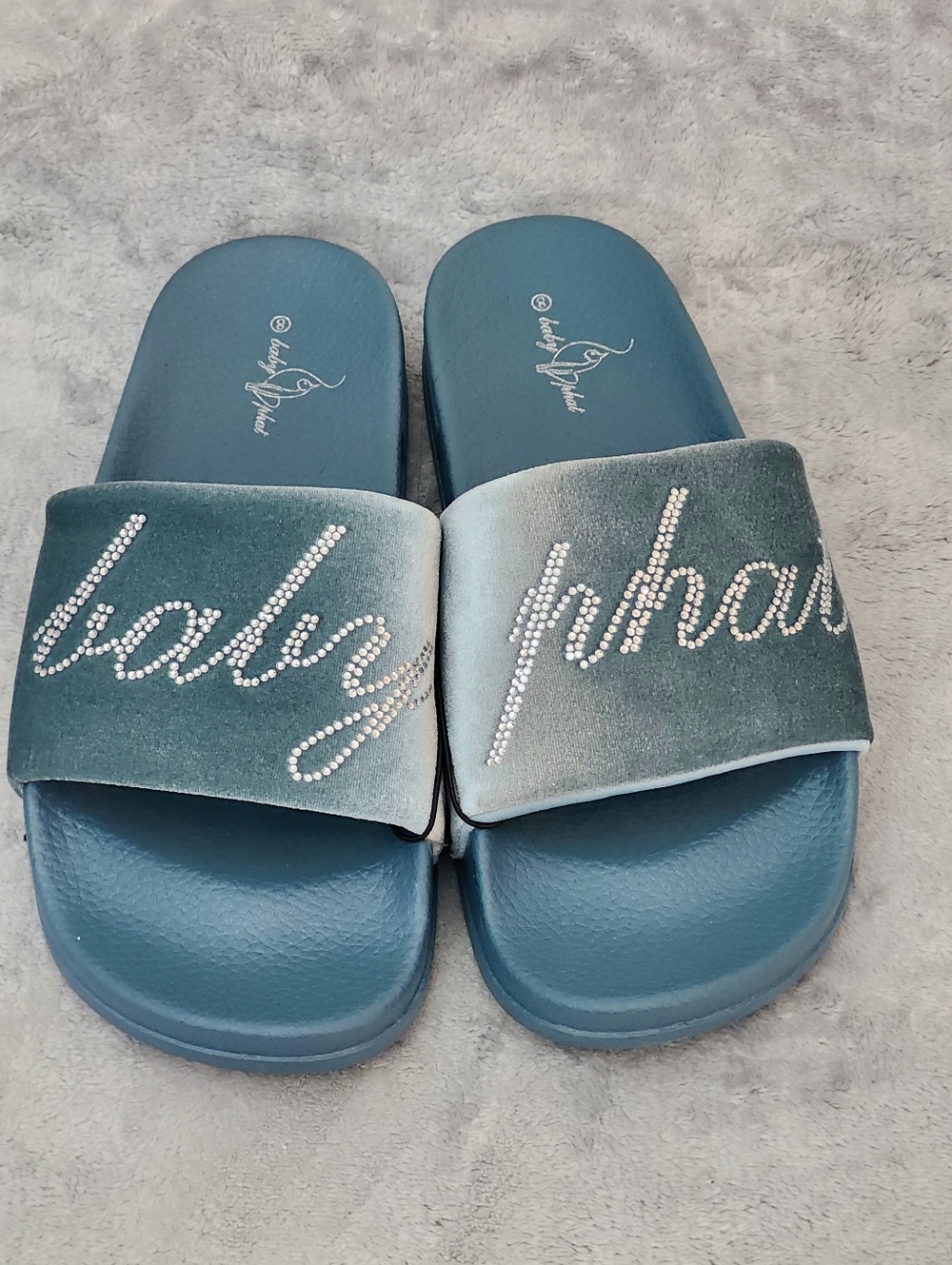 Baby Phat Rhinestone Script Logo Slide Sandals, Size: 8  Color: Teal